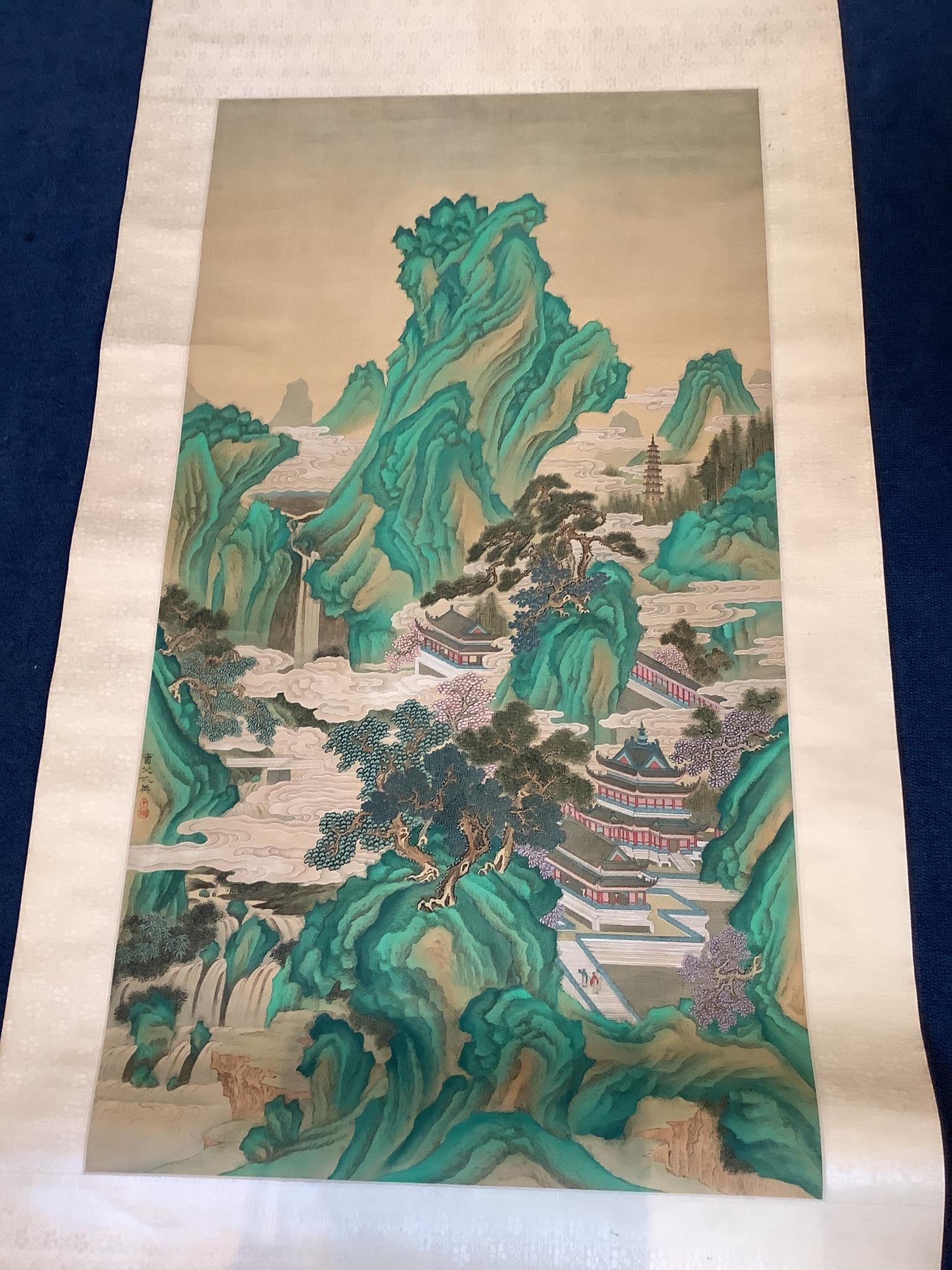 A Chinese scroll painting on silk of pavilions amid rocks and trees, 20th century, Image 91.5 cm X 50 cm